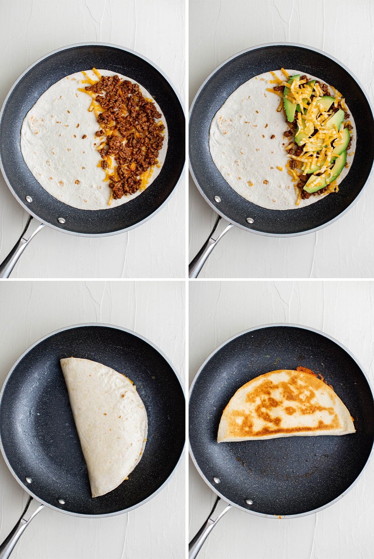 4 images of ground beef quesadillas cooking in a skillet