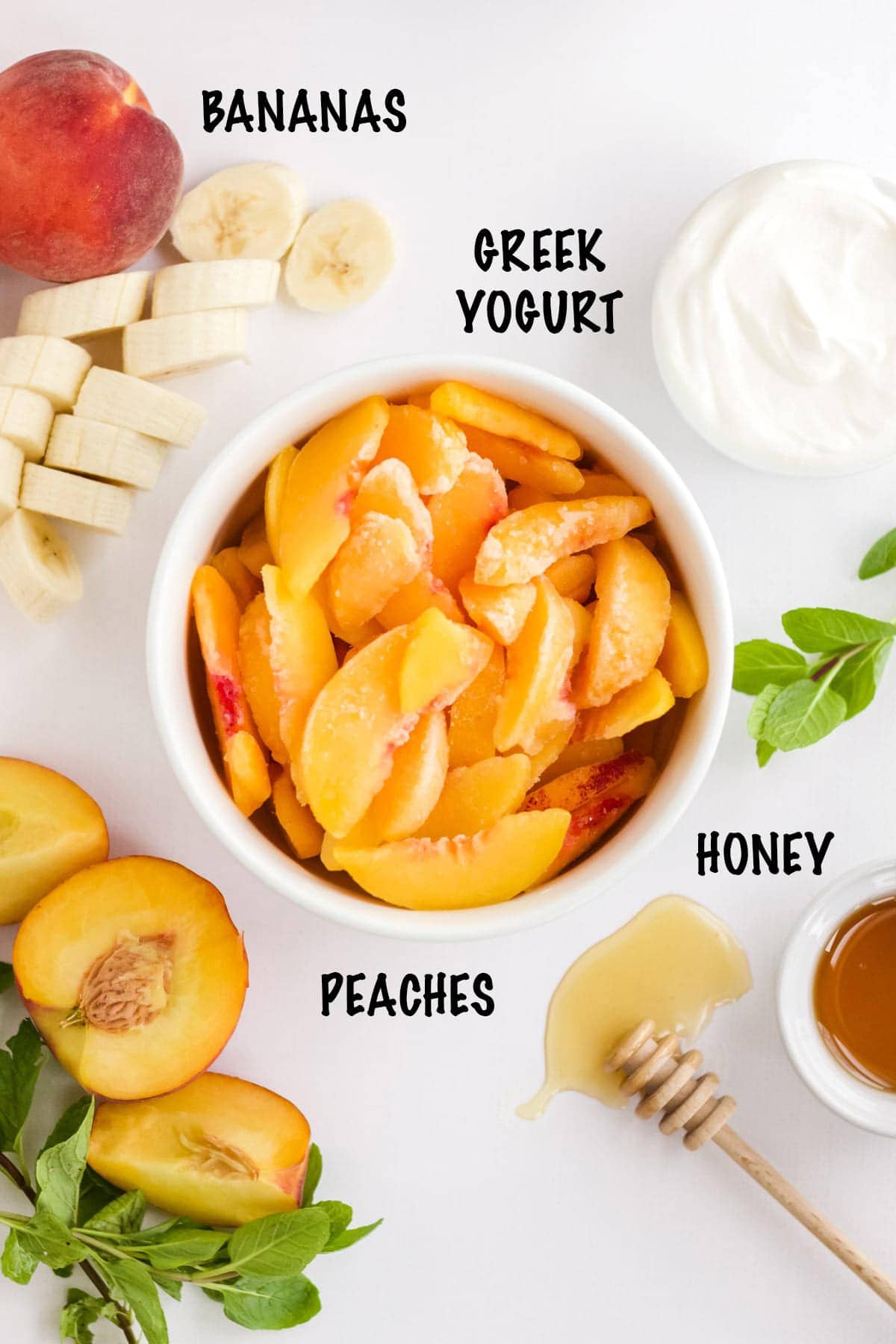 ingredients foe peach banana smoothie: peaches, banana, greek yogurt, honey, mint. Text describes the ingredients