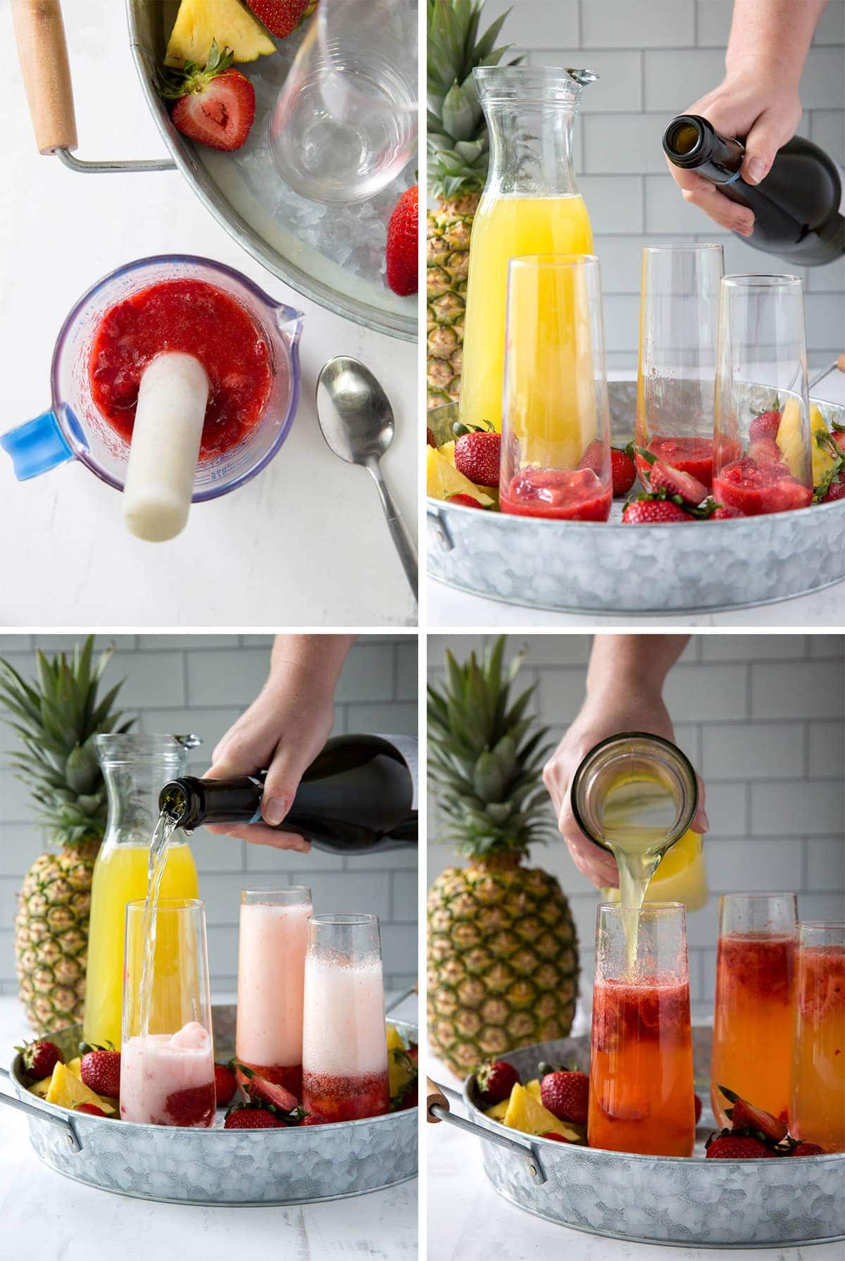 collage of images showing how to make pineapple strawberry mimosas