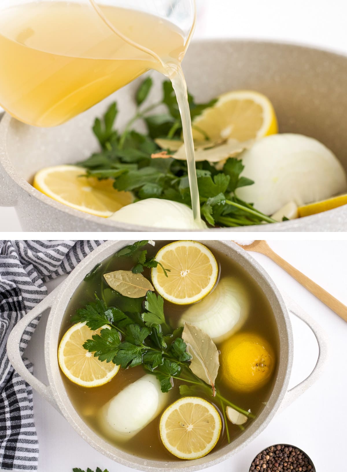 collage of two images showing chicken poaching liquid