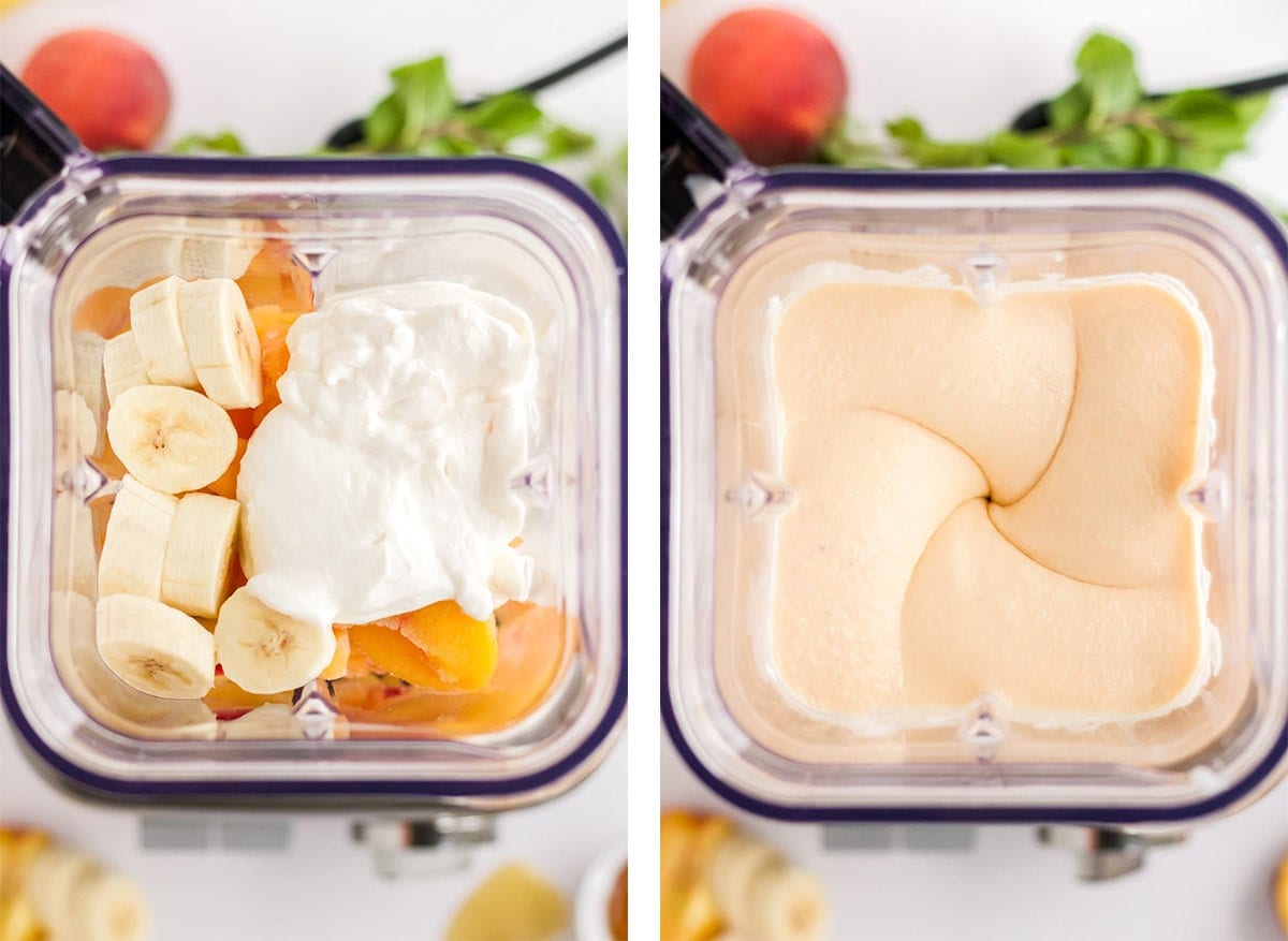 collage of 2 images showing how to make a peach smoothie