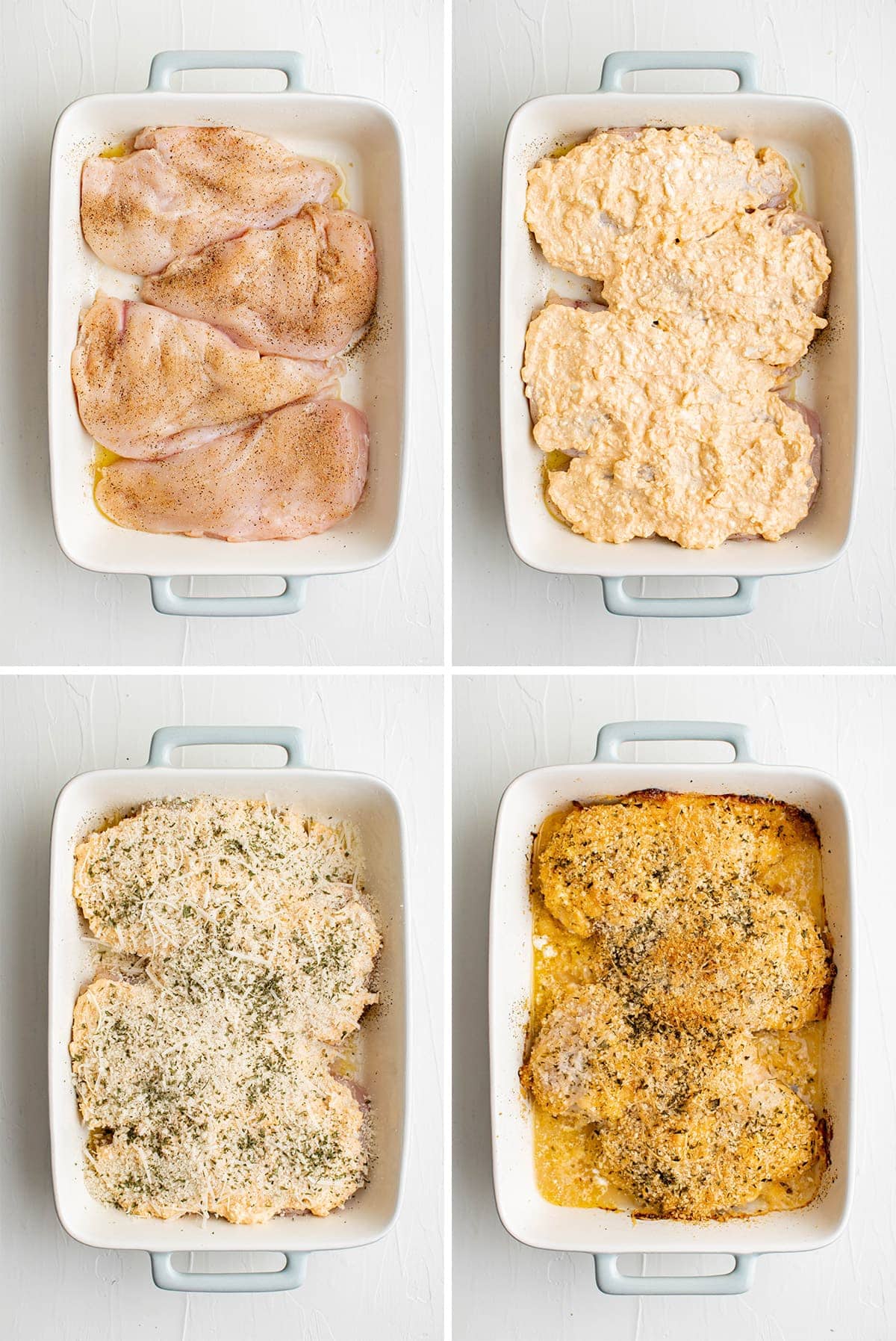 Collage showing steps for making creamy baked chicken
