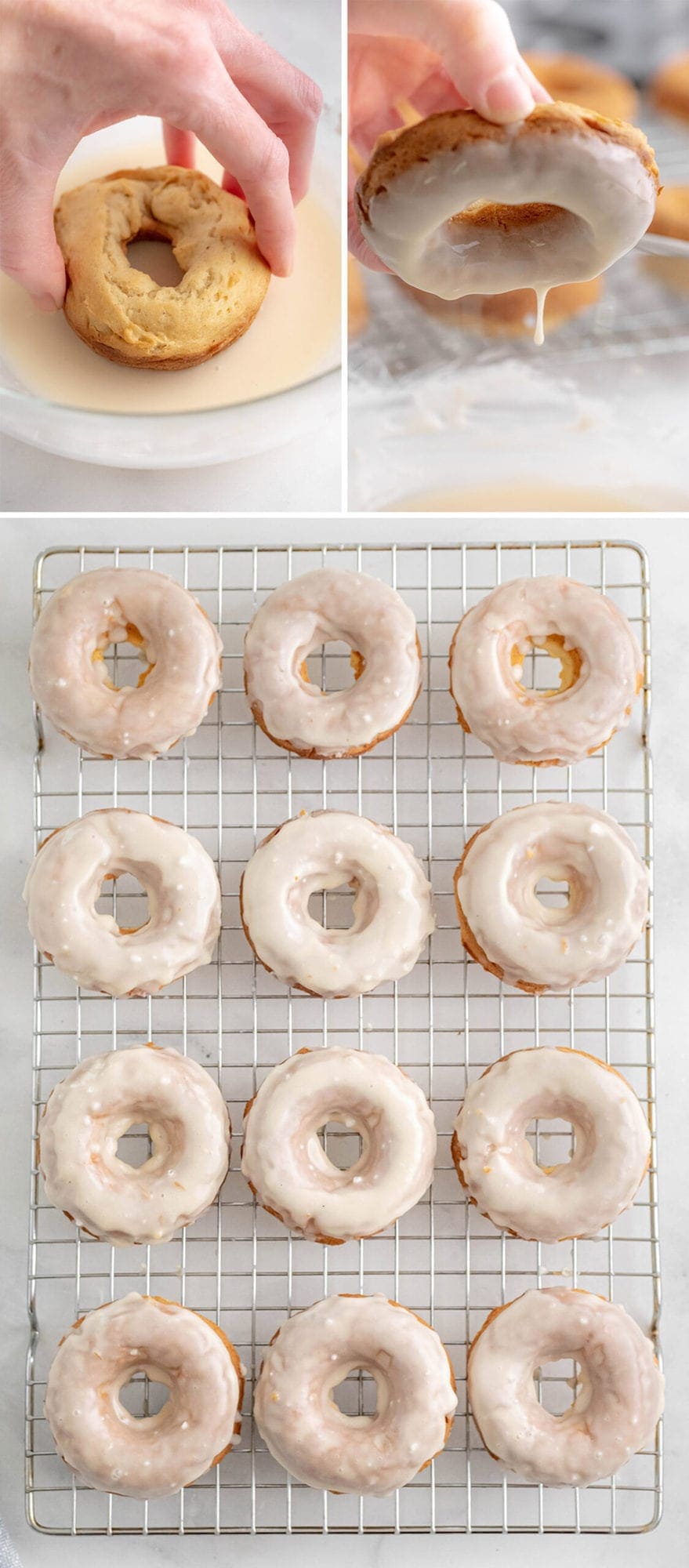 baked donuts being dipped in glaze