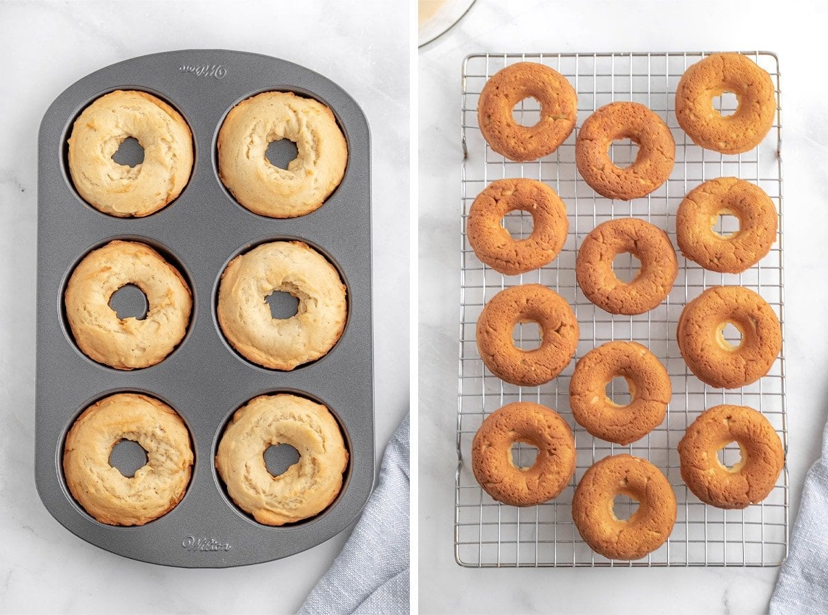 2 image collage showing baked donuts in a donut pan and on a wire rack