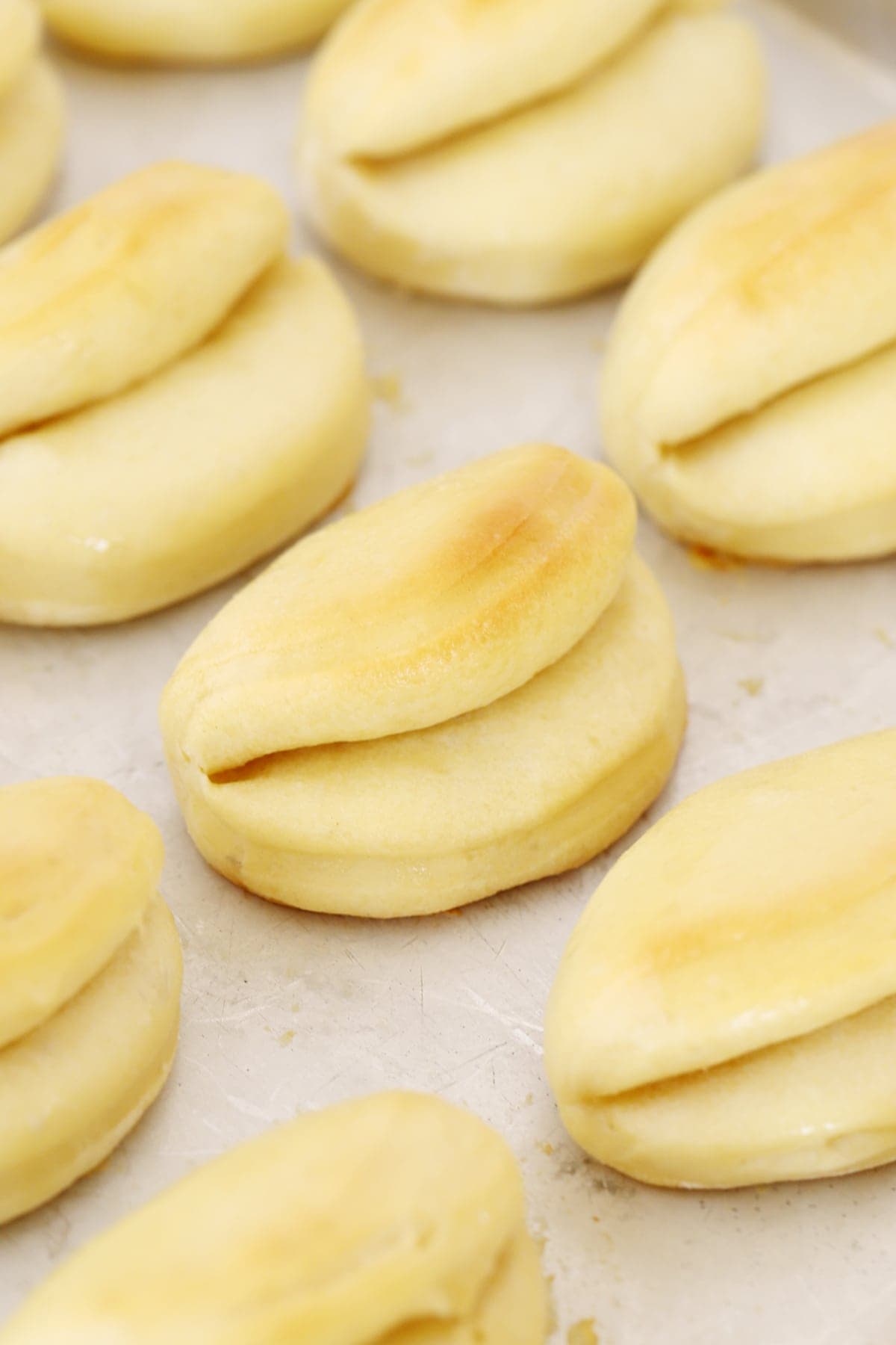 Parker House rolls on a baking sheet