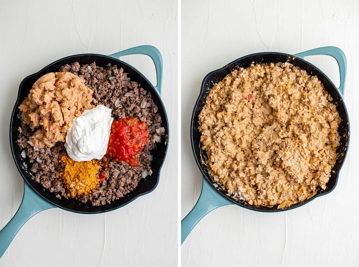 burrito filling in a cast iron skillet collage