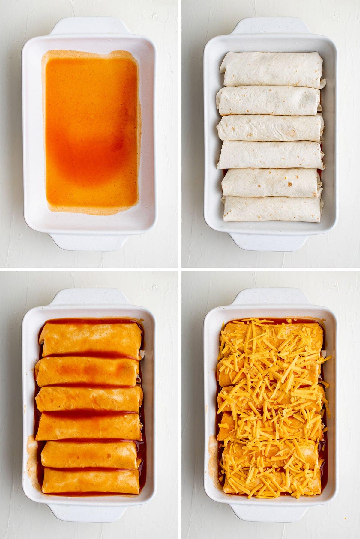 collage of images showing how to assemble wet burritos