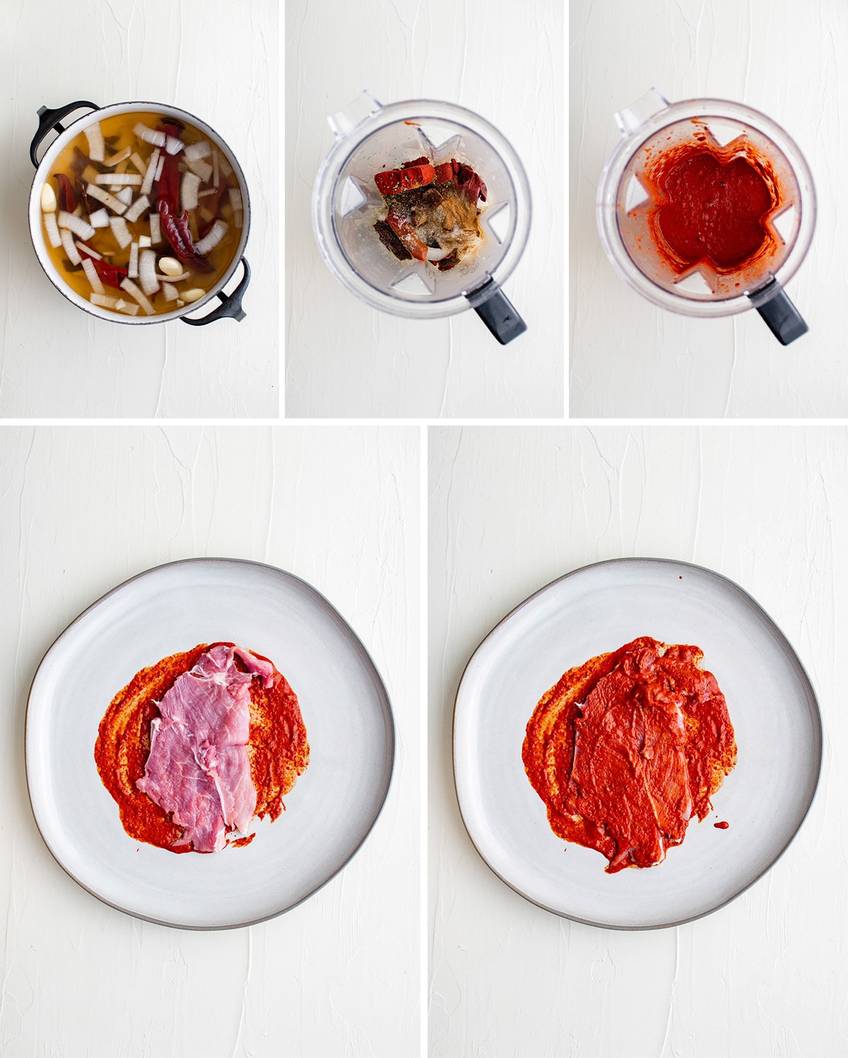 collage showing how to make marinade for tacos al pastor