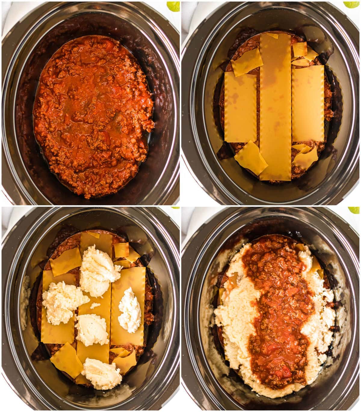 overhead process collage of assembling lasagna layers in a slow cooker