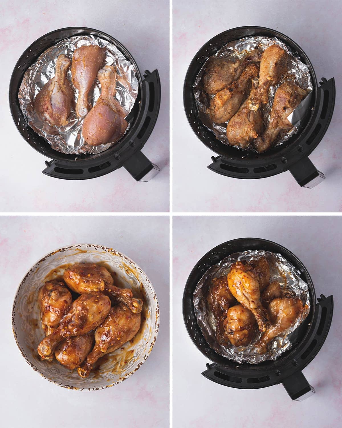 collage of images showing how to make chicken drumsticks in the air fryer