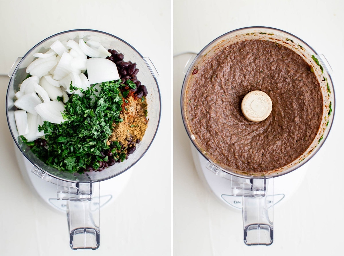 collage with food processor with cilantro, onion, garlic and black beans