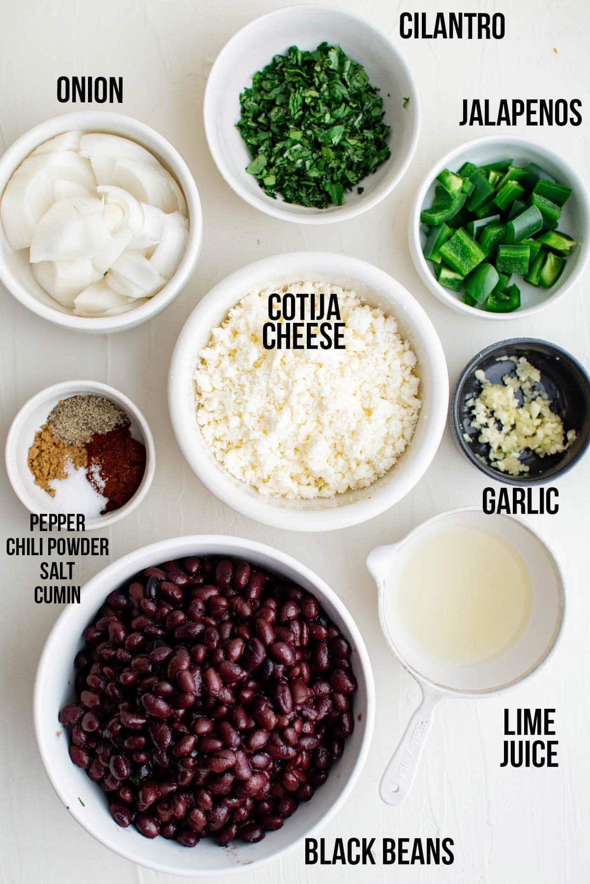 black beans, onions, garlic, and other ingredient with labels