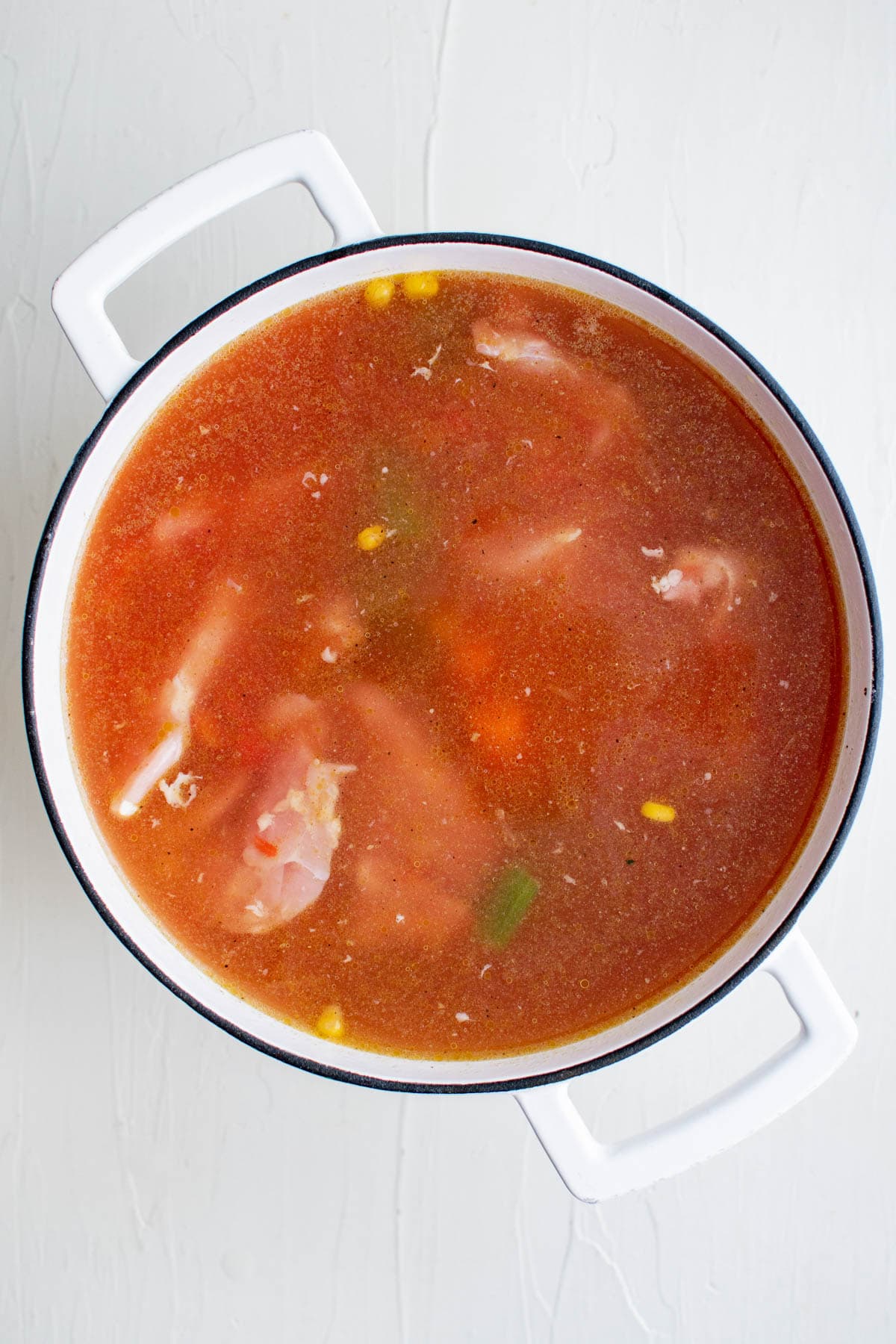 soup pot with tomato broth, raw chicken, vegetables