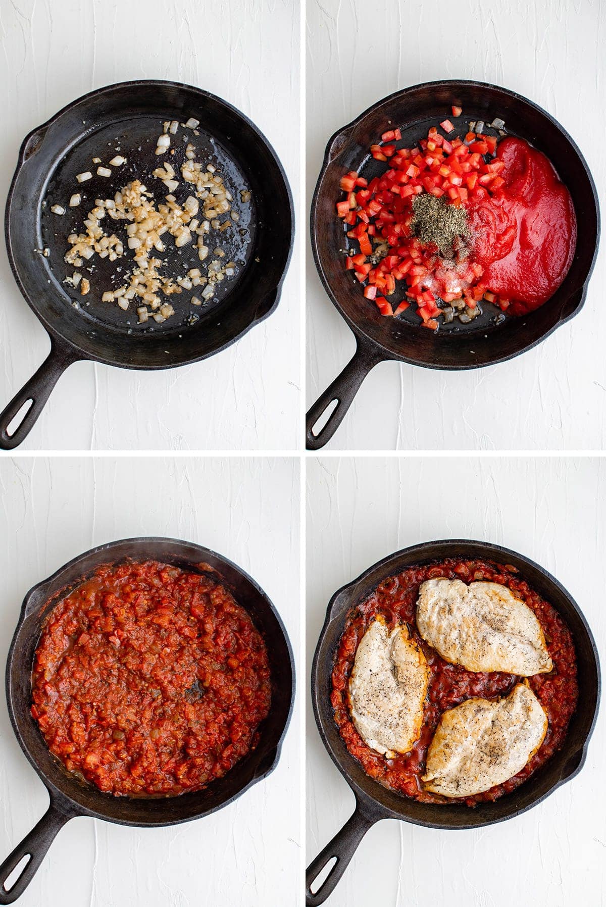 collage of images showing how to make skillet chicken pomodoro