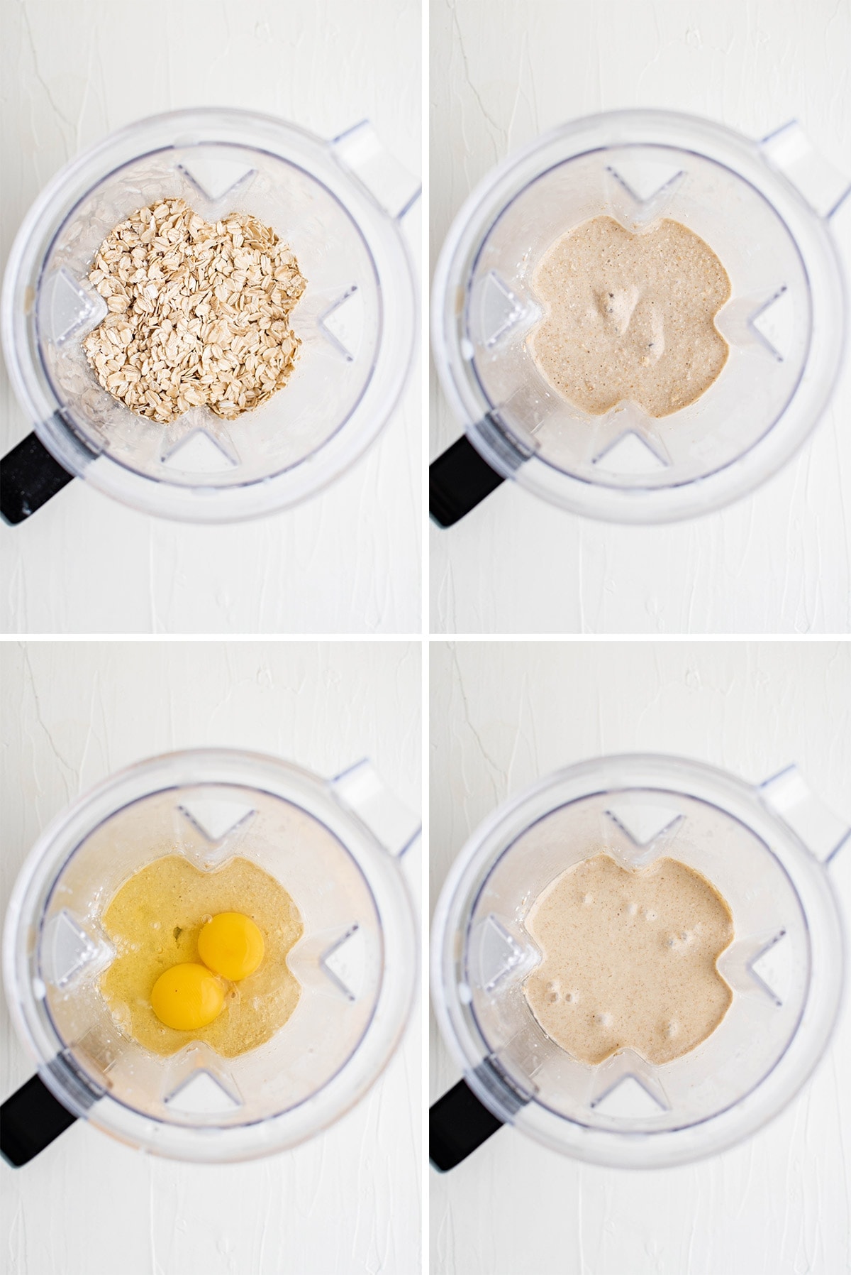 a colage of 4 images showing a blending with different ingredients for oatmeal pancakes