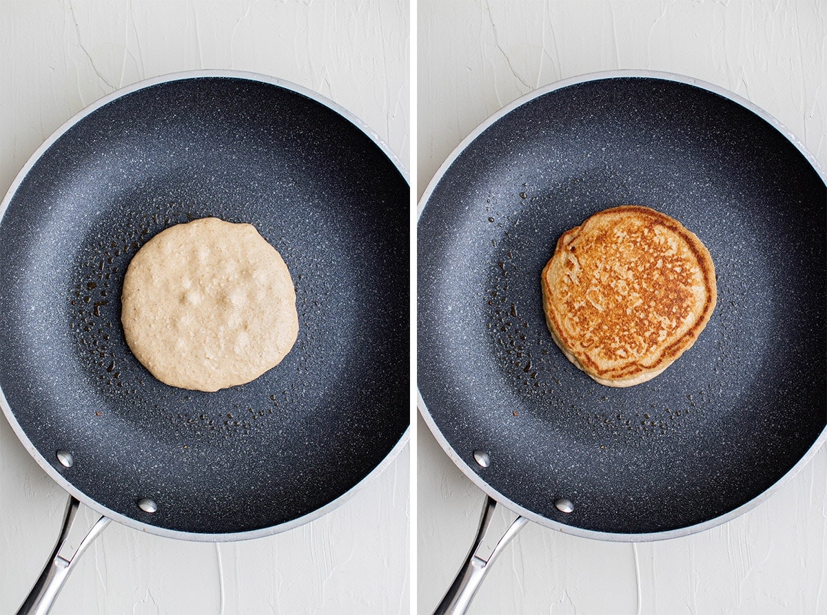 skillet with an oatmeal pancake cooking.