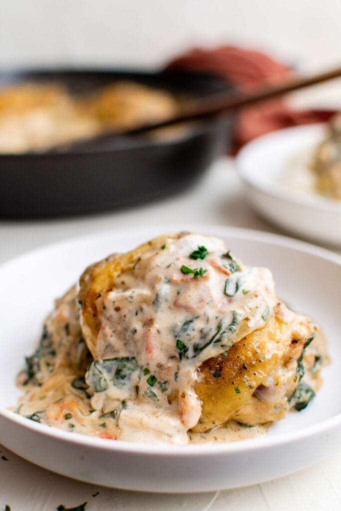 chicken thigh with sauce on top of mashed potatoes on a plate