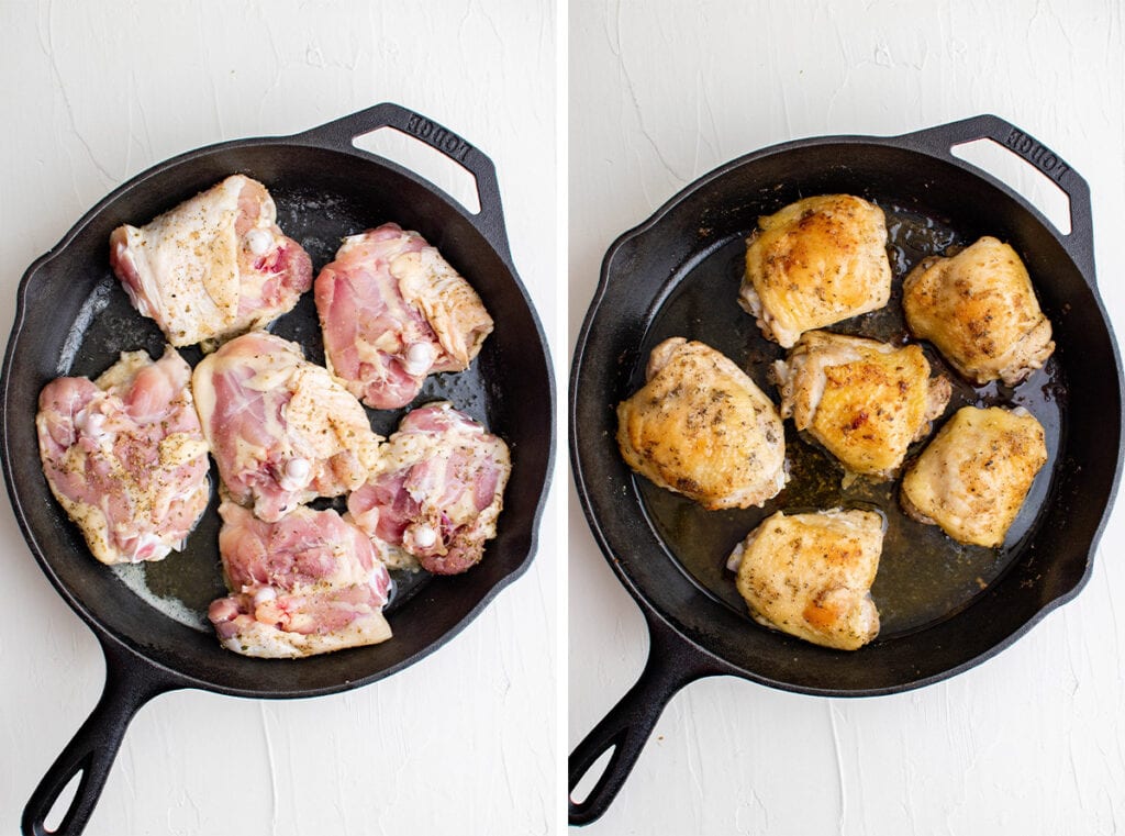 Before and after fried chicken thighs in cast iron pan