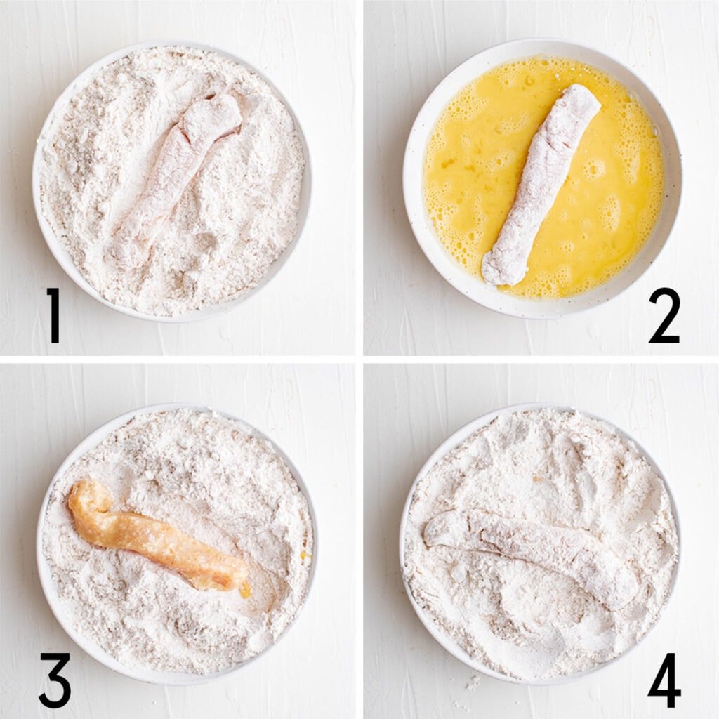 images of chicken tenders being coated in flour, eggs and seasonings.