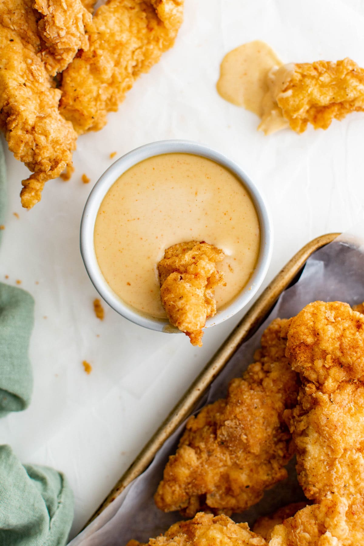 chicken tenders, breaded and fried, honey mustard dip