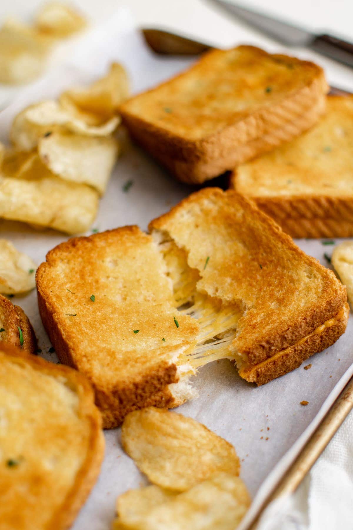 baking sheet, cheese sandwiches, potato chips