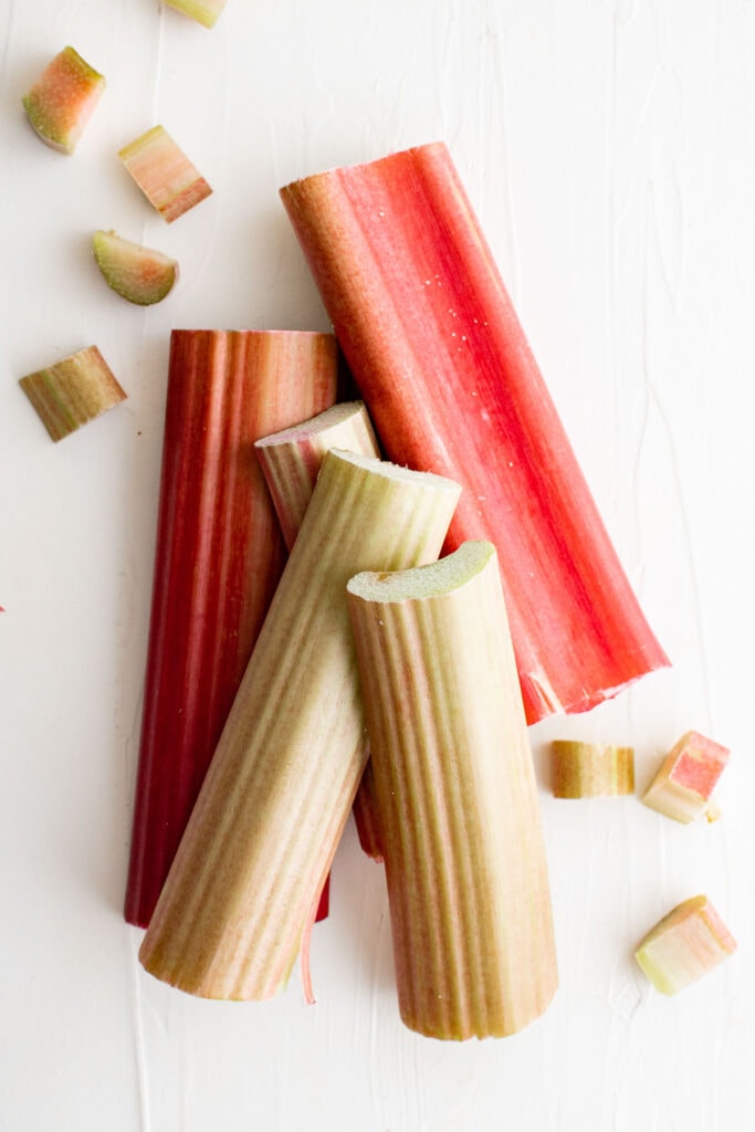 stalks of rhubarb on a white background