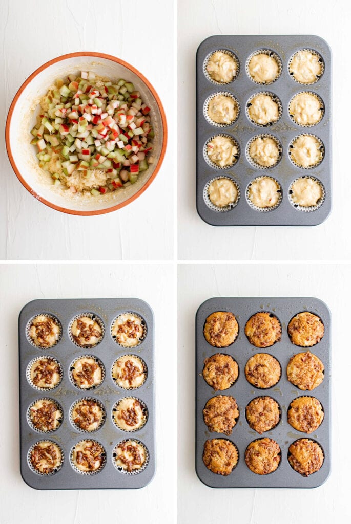 collage of images showing the steps for making rhubarb muffins