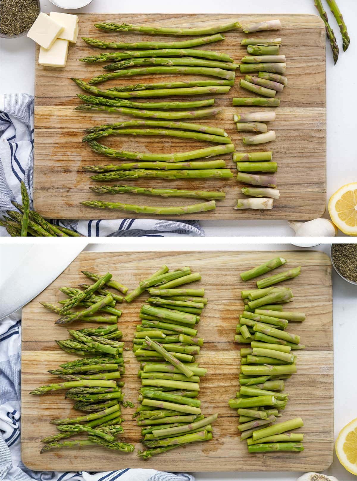 two images showing how to properly trim asparagus