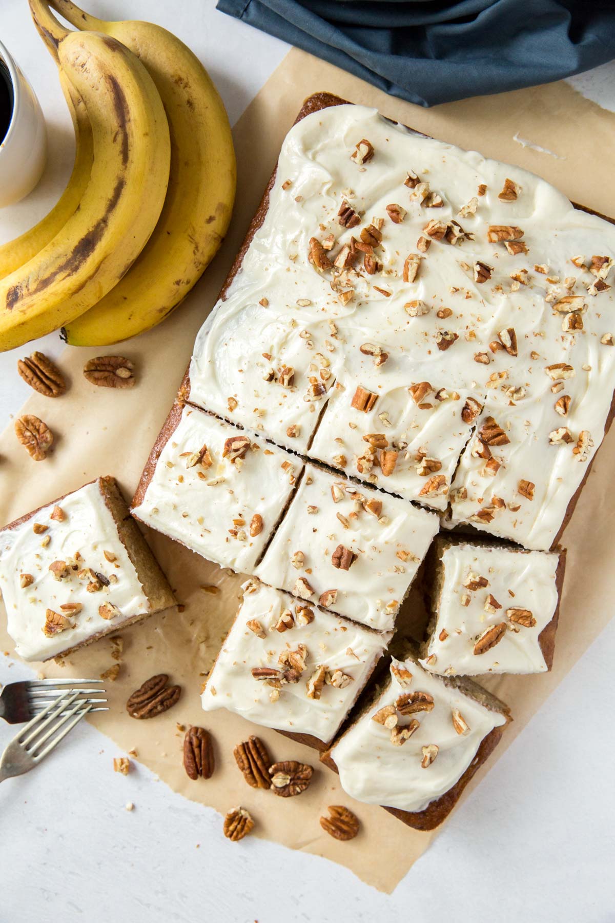 bananas, cake sliced into squares