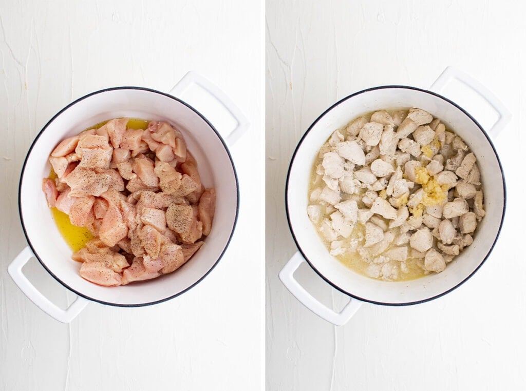 collage of pics showing chicken cooking in a pan