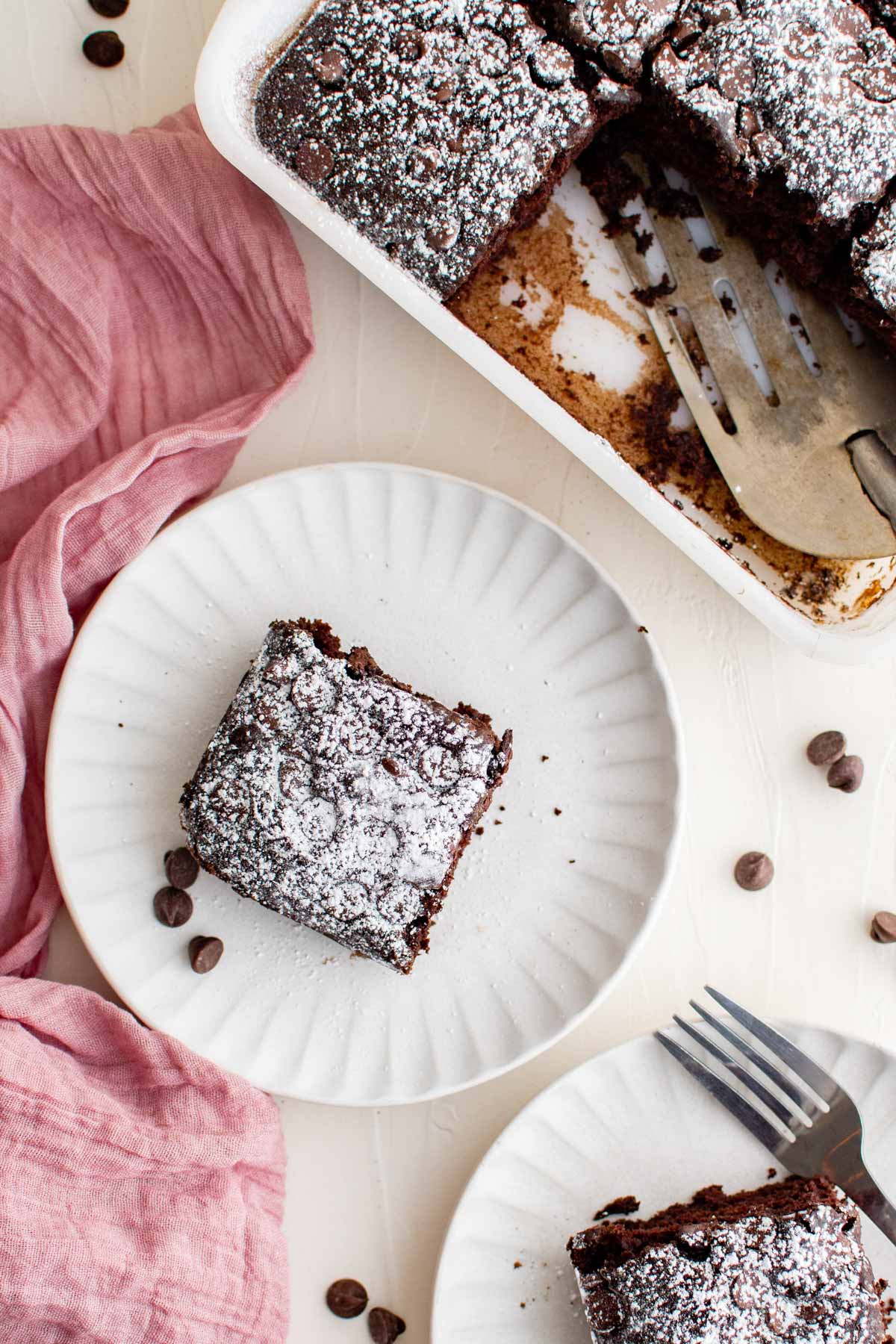 overhead image of chocolate snack cake in pan nad on a plate