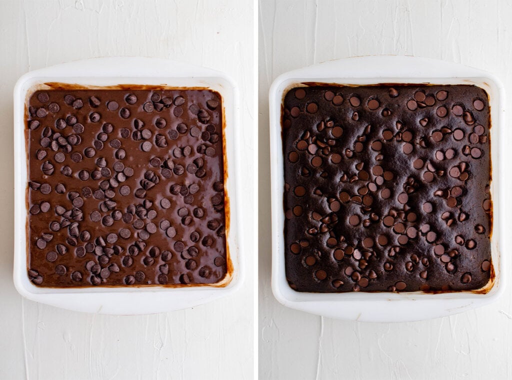 two images of chocolate cake batter raw and baked with chocolate chips