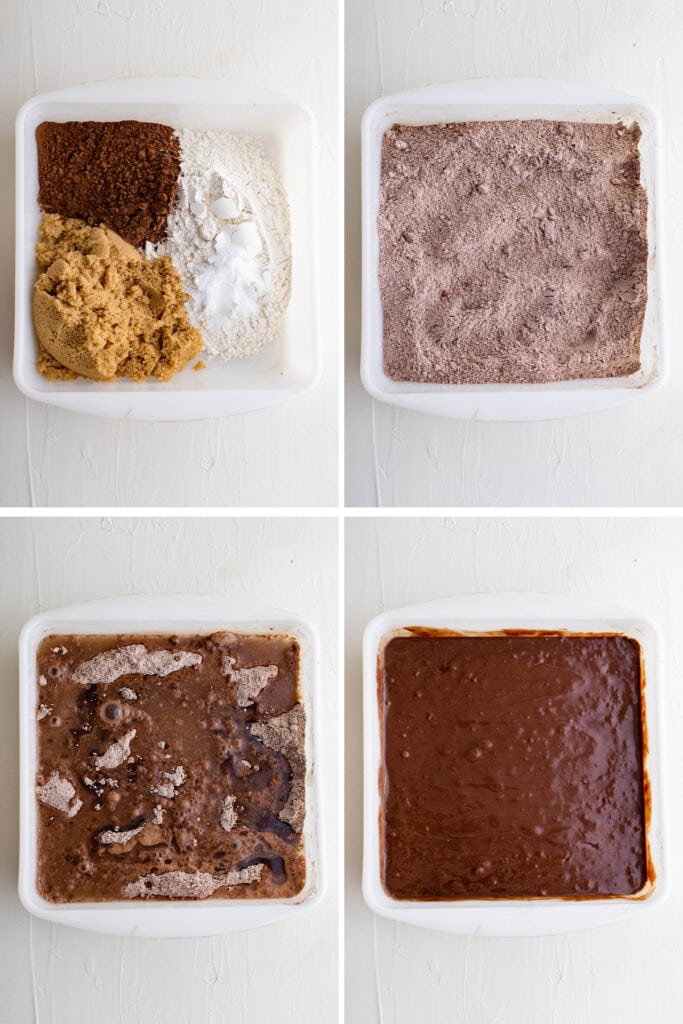 collage of images showing how to make chocolate snack cake in one pan