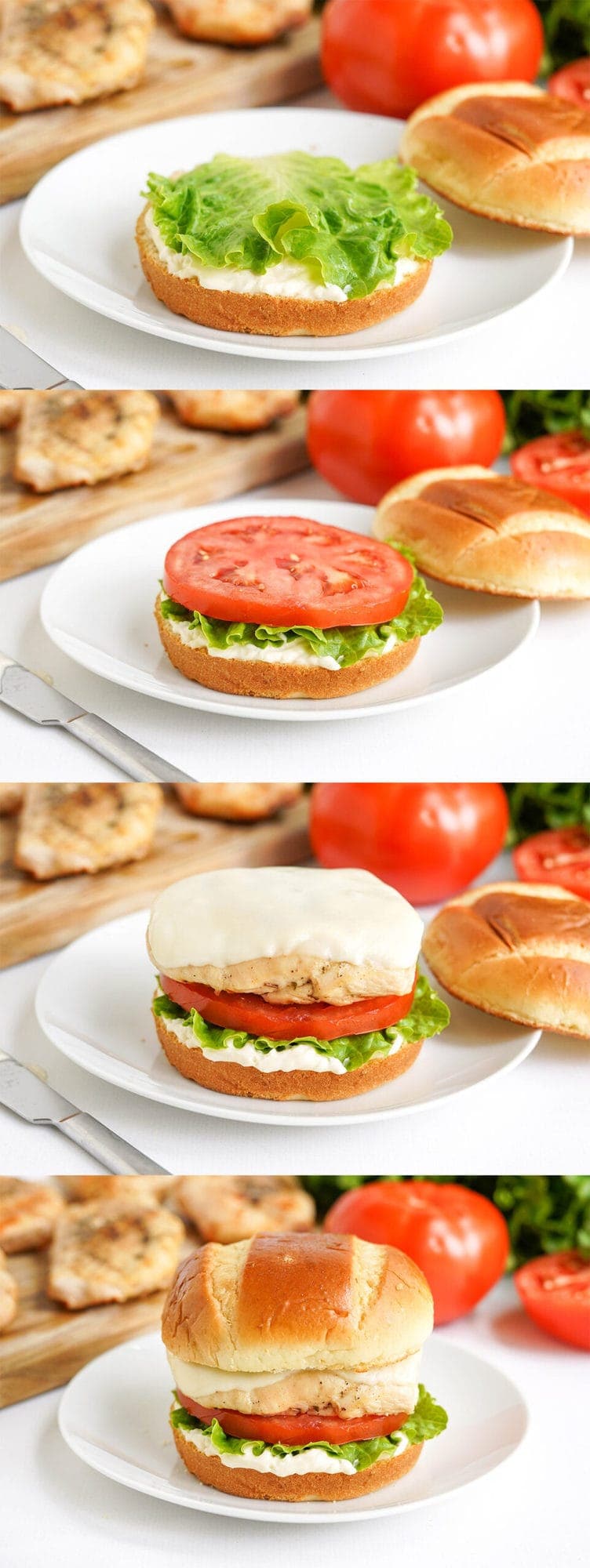 collage of images showing how to assemble a grilled chicken sandwich