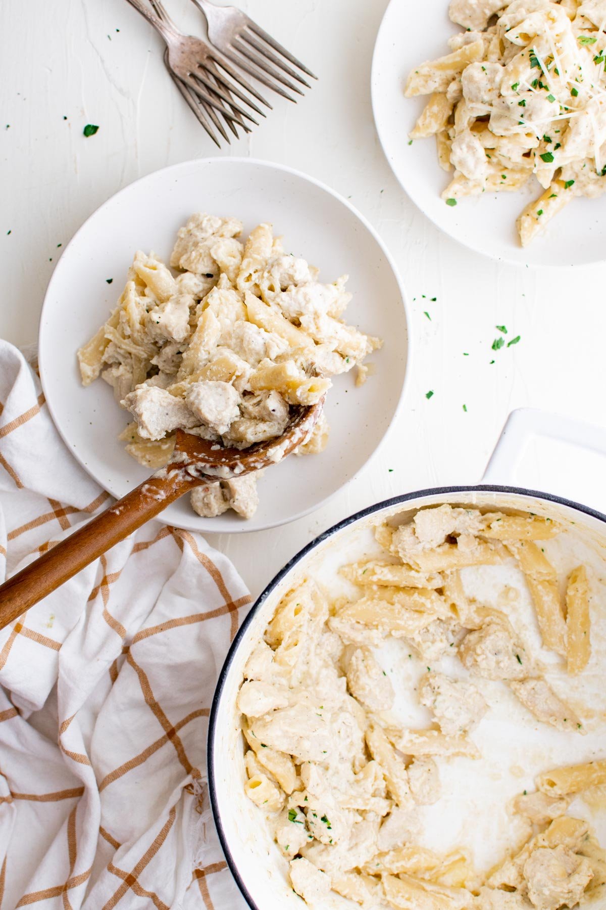 overhead image of one pot chicken with alfredo pasta