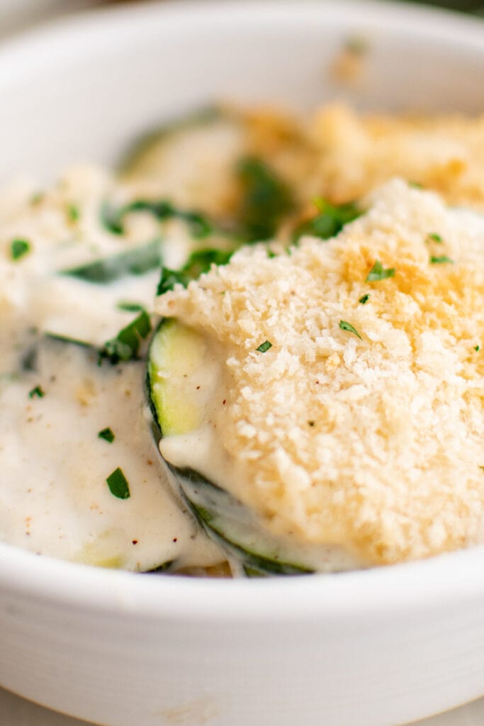 close up of zucchini casserole with breadcrumb toppings