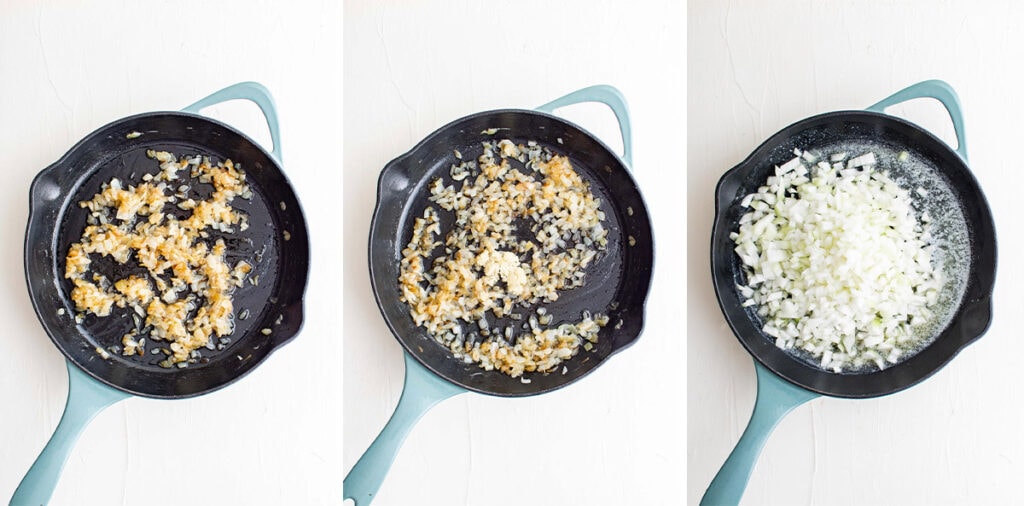 collage of skillet making caramelized onions