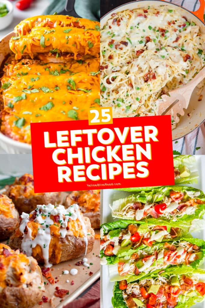 collage of recipes using leftover chicken with text overlay