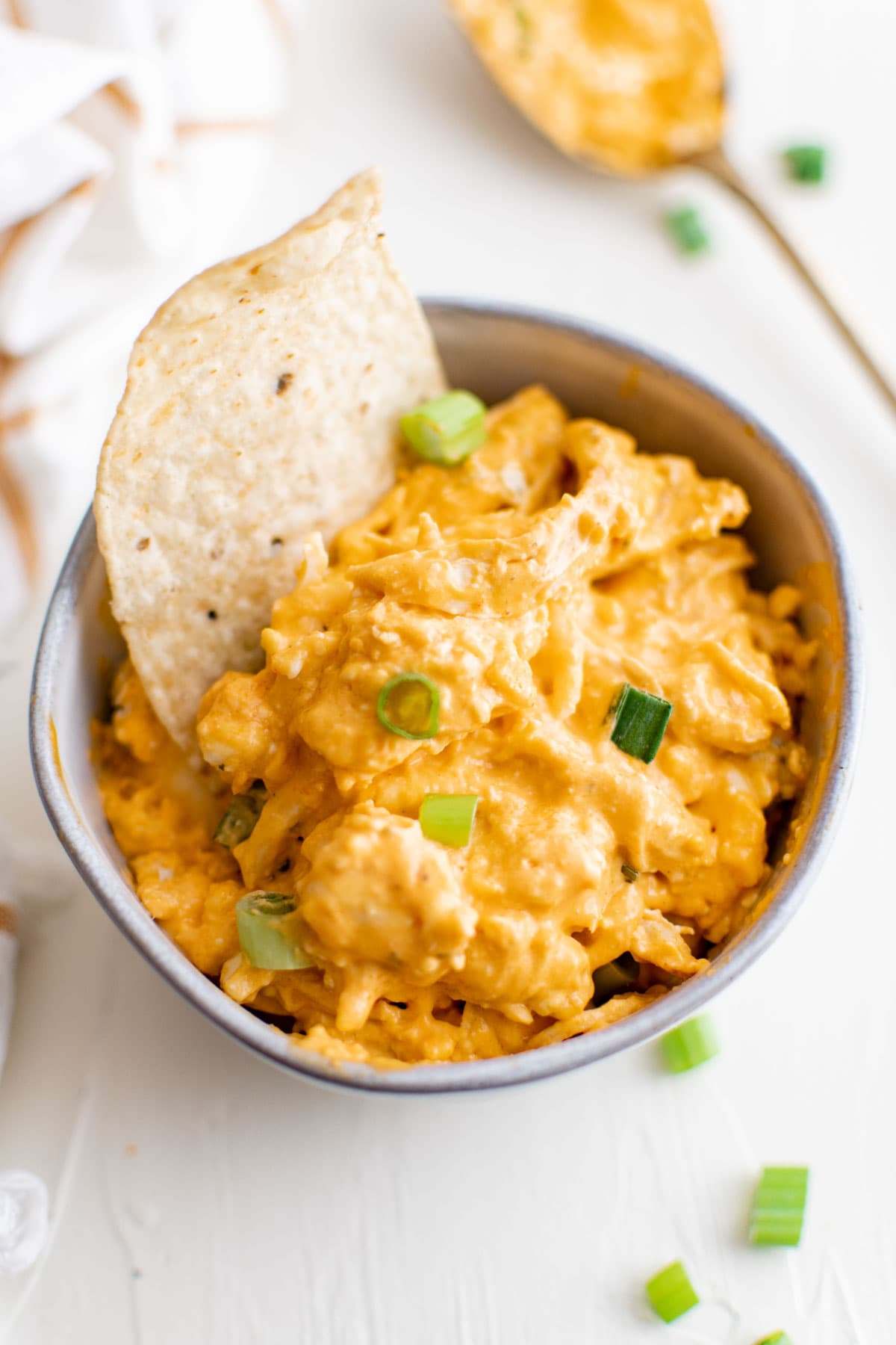 bowl of buffalo chicken dip with a tortilla chip