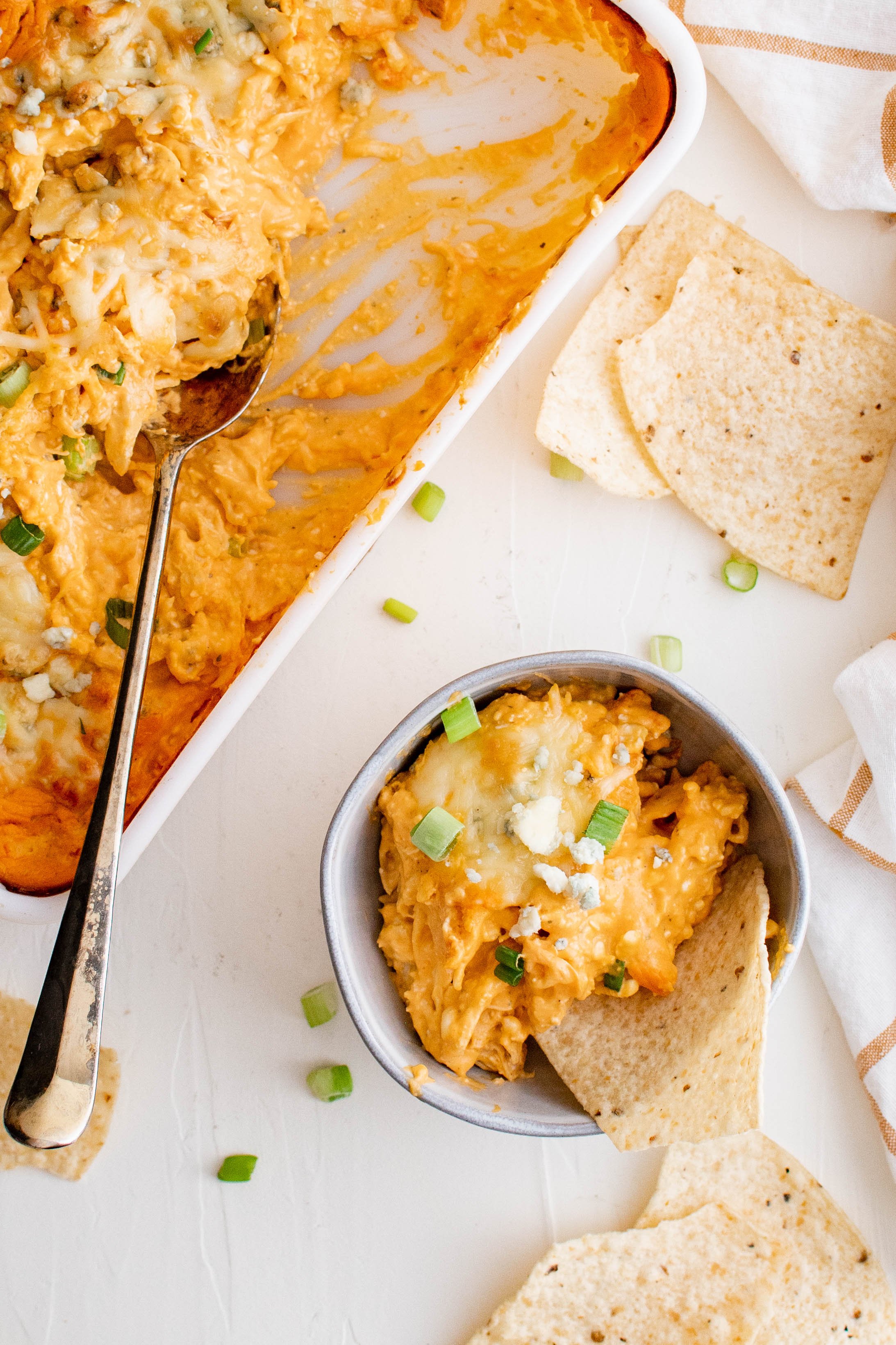 buffalo chicken dip in a dish and in a bol