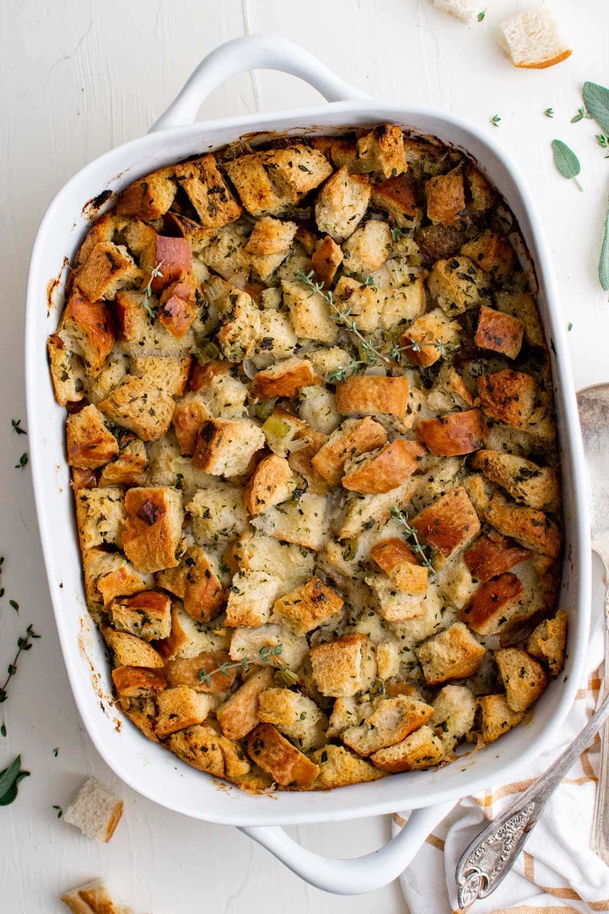 white baking dish with homemade stuffing