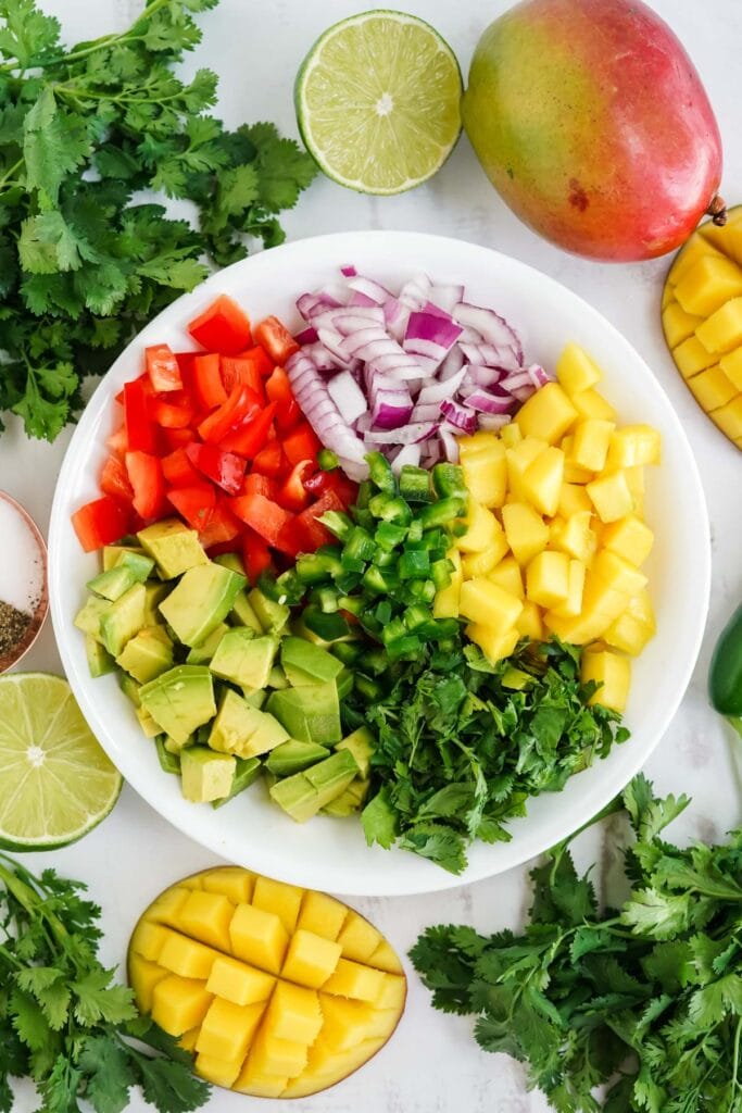 bowl with mango salsa ingredients