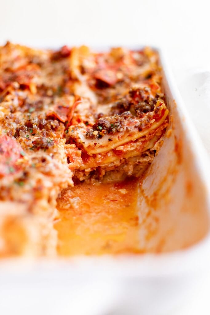 baking dish of lasagna showing the layers