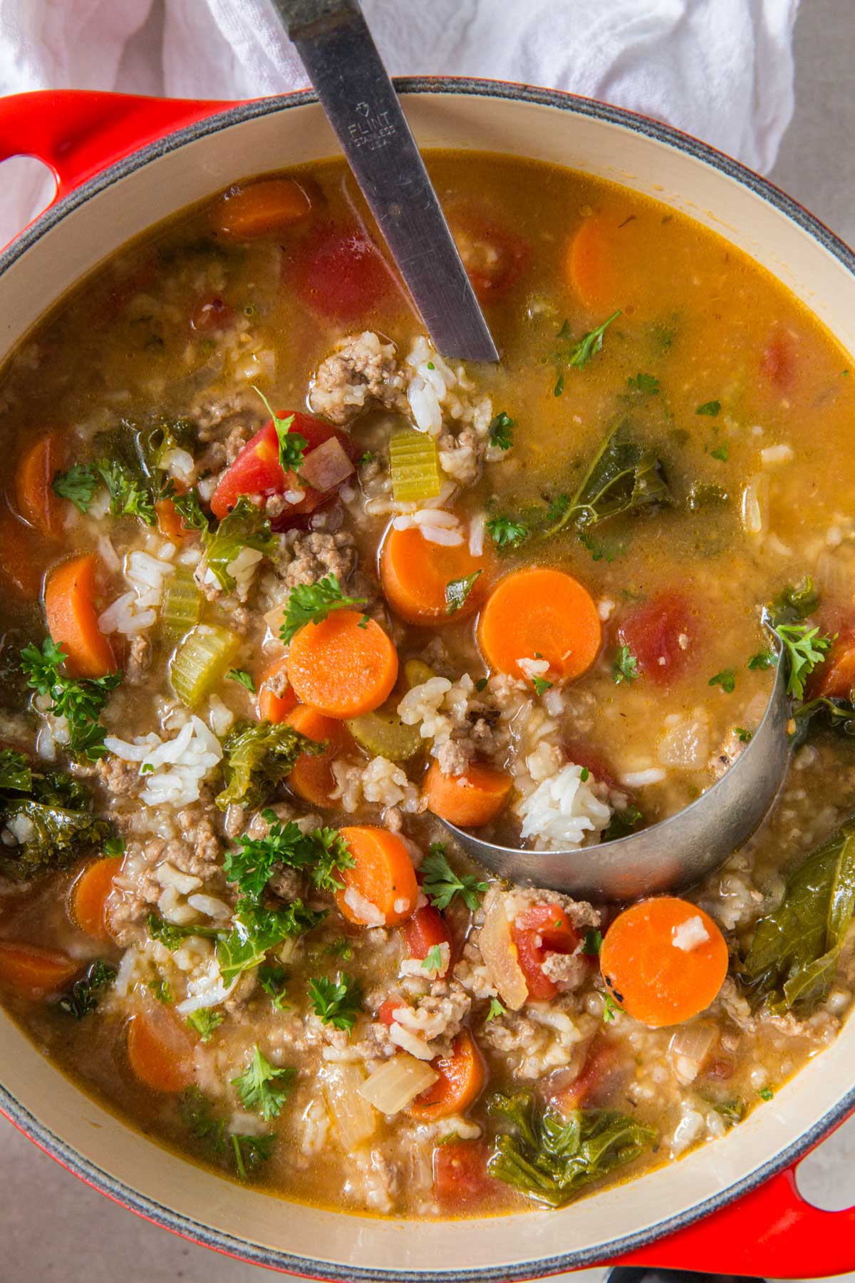 ground turkey soup with carrots, rice, kale