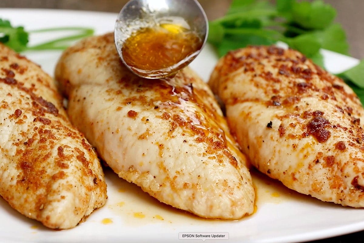 chicken breast, spoon with juices