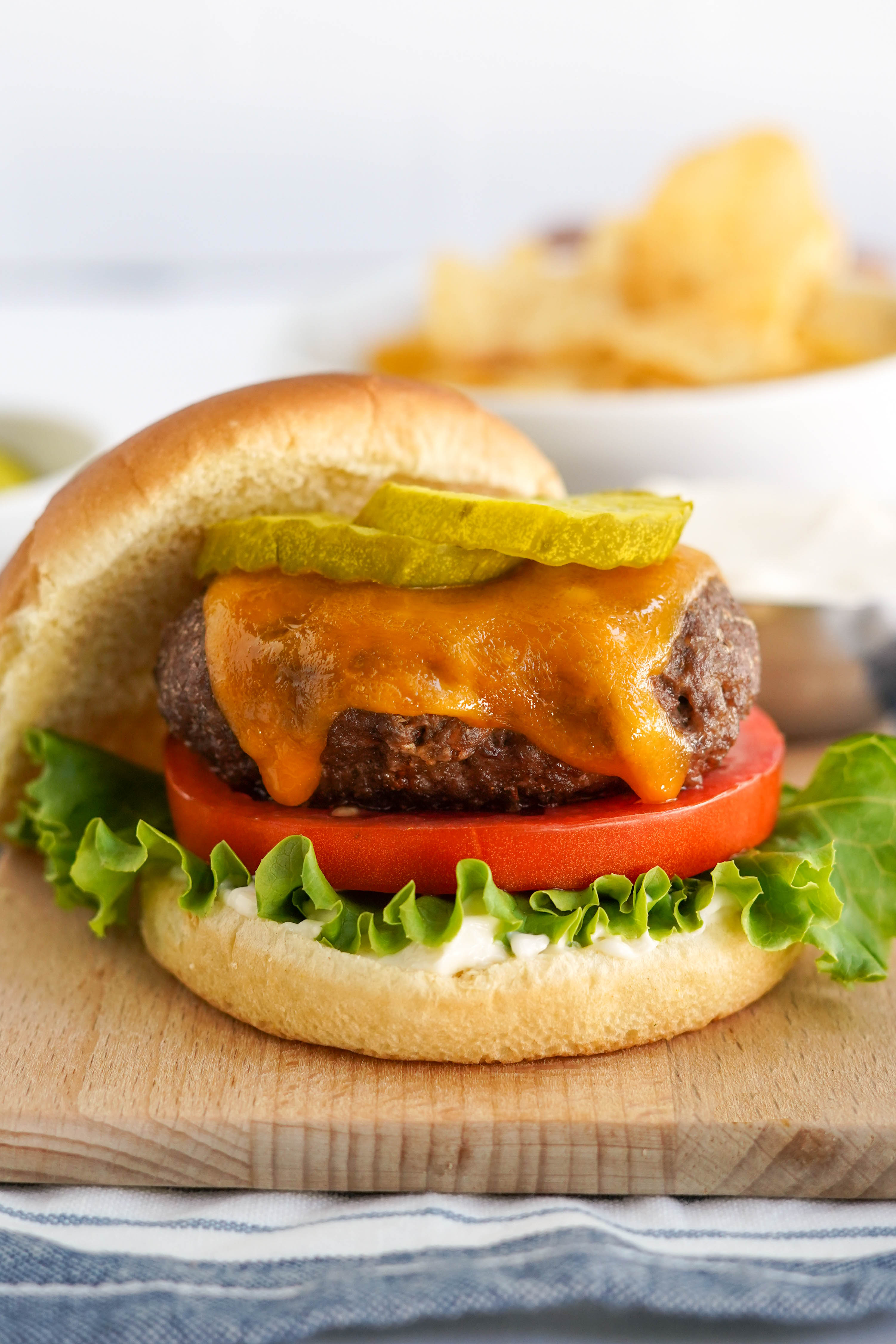 air fryer hamburger on hamburger buns.