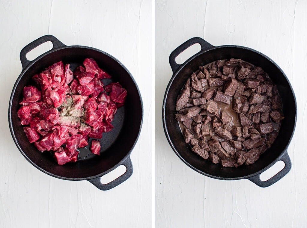 collage image of beef tips in black skillet