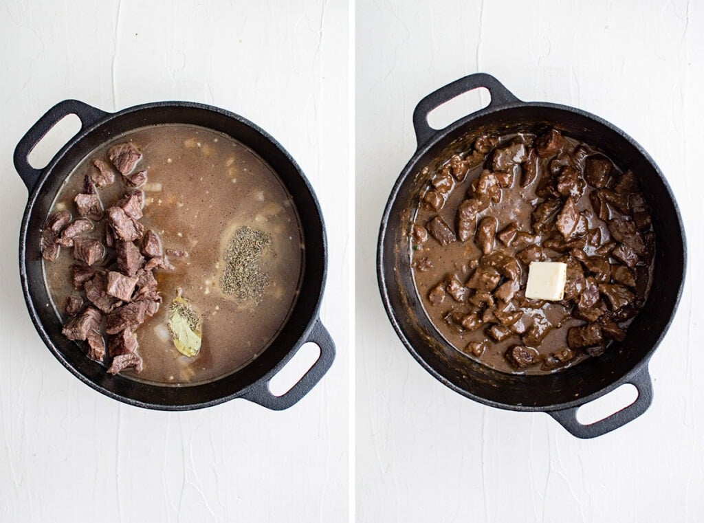 pots of beef tips cooking in a gravy