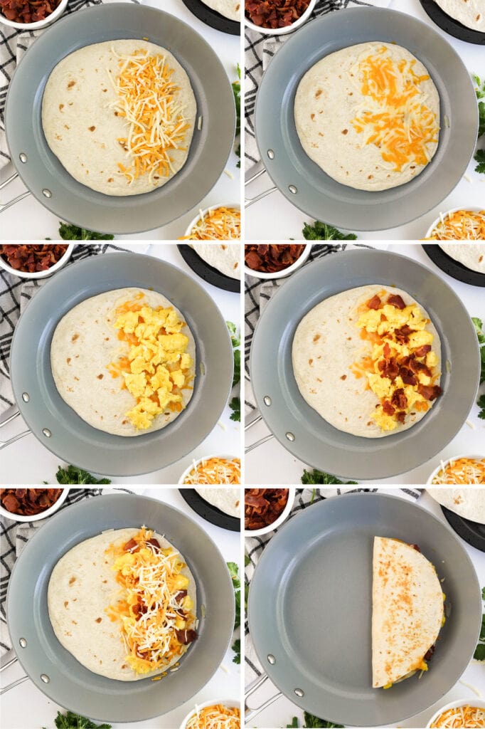 collage of how to make breakfast quesadillas