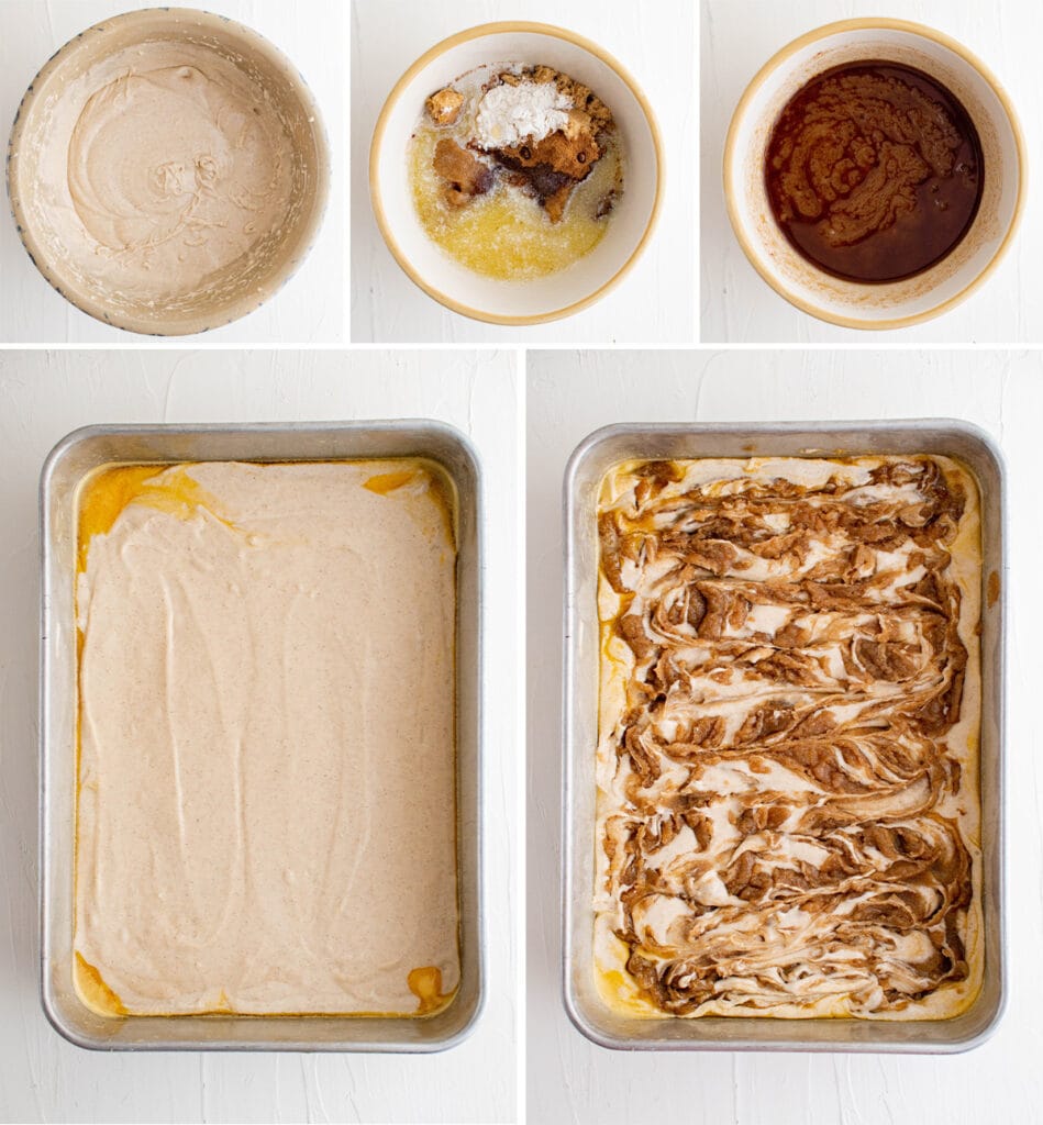 collage of steps to make cinnamon cake